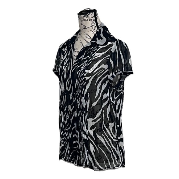Harvé Bernard Zebra Print Sheer Pleated Button Down Blouse Size 8 Y2K - Picture 3 of 11